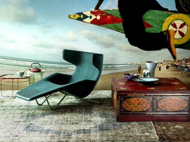 Chaise Longue in tessuto con poggiapiedi in pelle e struttura in acciaio Take a Line For a Walk di Moroso