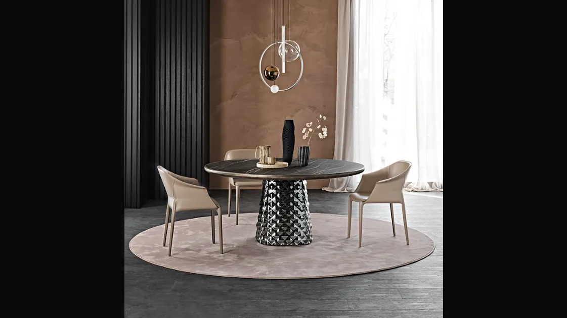 Tavolo con base in cristallo specchiato e piano in ceramica Atrium Keramik Premium Round di Cattelan Italia