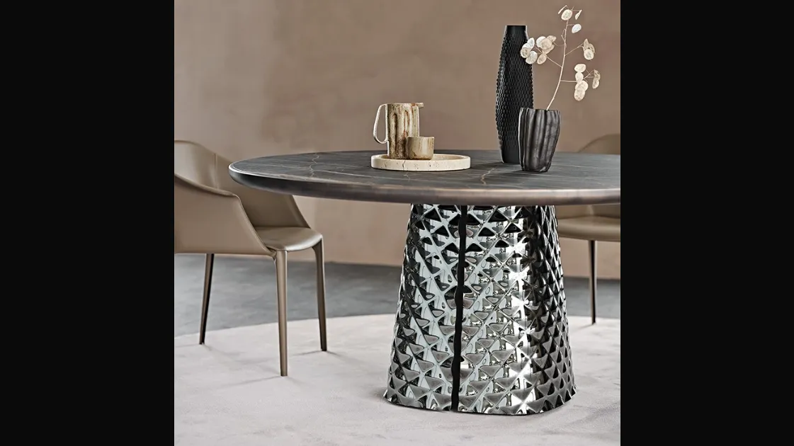 Tavolo con base in cristallo specchiato e piano in ceramica Atrium Keramik Premium Round di Cattelan Italia