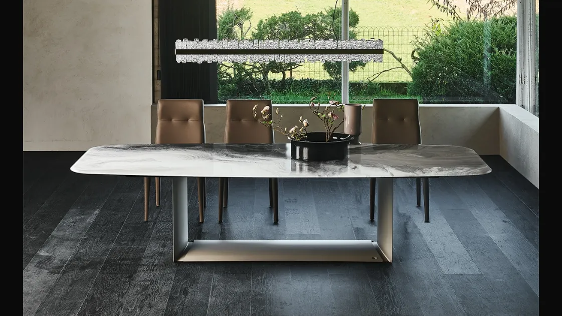 Tavolo con base in acciaio e piano in cristallo con stampa Dragon Crystalart di Cattelan Italia