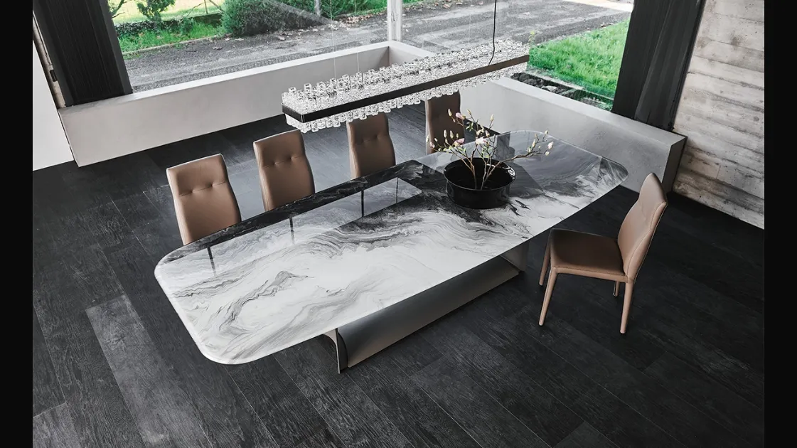 Tavolo con base in acciaio e piano in cristallo con stampa Dragon Crystalart di Cattelan Italia