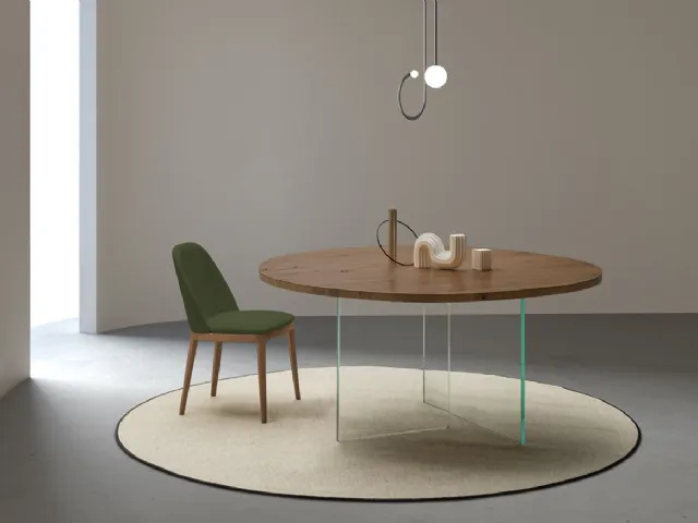 Tavolo Smart Rotondo con piano in legno e base in vetro trasparente di Devina Nais