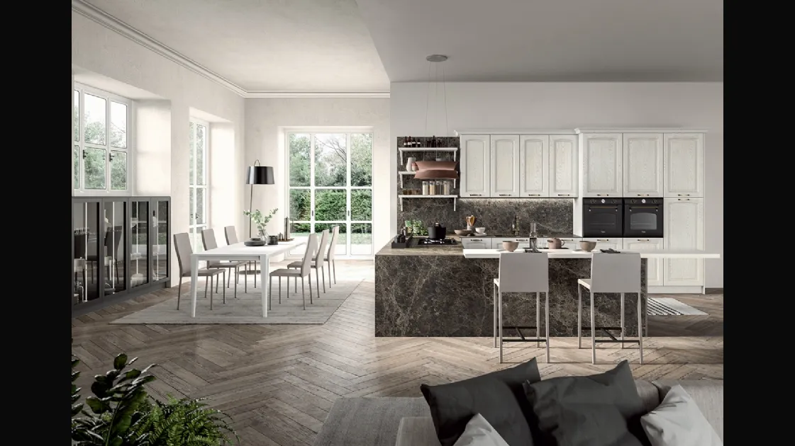 Cucina Classica angolare con penisola in legno di Frassino laccato Bianco a poro aperto e laminato effetto marmo Emma di Arredo3