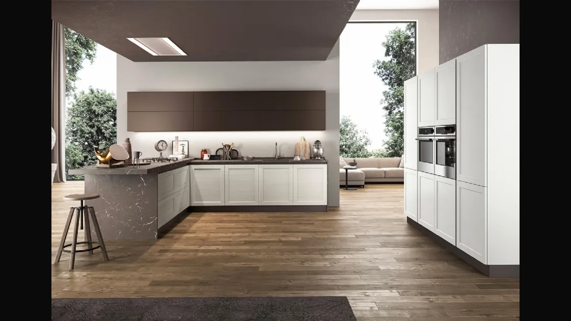 Cucina angolare Classica Frame con basi in Frassino e top in laminato effetto Marmo di Arredo3