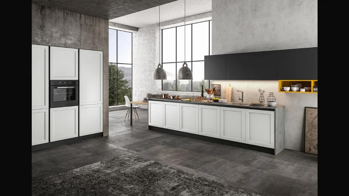 Cucina Classica lineare in Pet opaco Bianco, pensili in laccato Nero e top in laminato Grigio Frame di Arredo3
