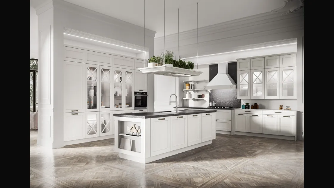 Cucina Classica con isola in legno di Frassino massello laccato Bianco a poro aperto e top in Dekton Fossil Frida classic di Arredo3