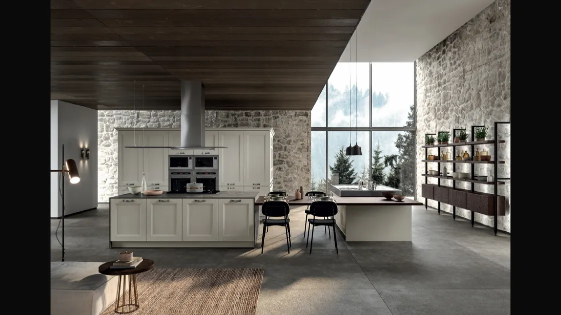 Cucina Classica angolare Gioiosa in legno di Frassino laccato Nebbia a poro aperto e top in laminam Pietra Grey di Arredo3