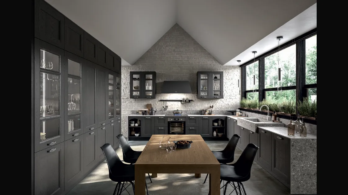 Cucina Classica angolare Gioiosa in legno di Frassino laccato Vulcano a poro aperto e top in Infinity Milan Stone, agglomerato di minerali compatto e impermeabile di Arredo3