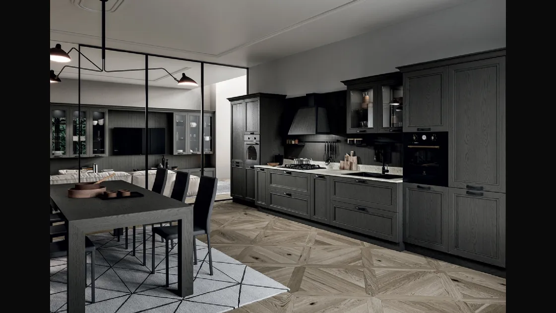 Cucina Classica lineare in legno di frassino finitura decapè Titanio e top in quarzo Opera di Arredo3