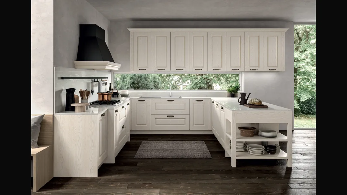 Cucina Classica angolare in Frassino laccato a poro aperto Bianco, tonalità ripresa dal piano di lavoro e dallo schienale in quarzo impero Verona di Arredo3