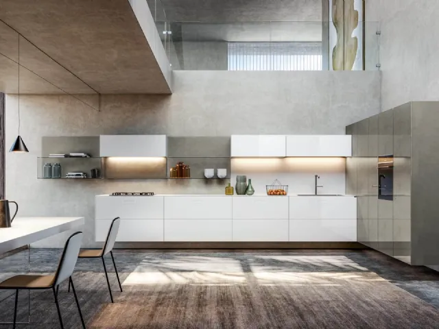 Cucina Design sospesa 36e8 lineare in vetro laccato lucido Bianco di Lago