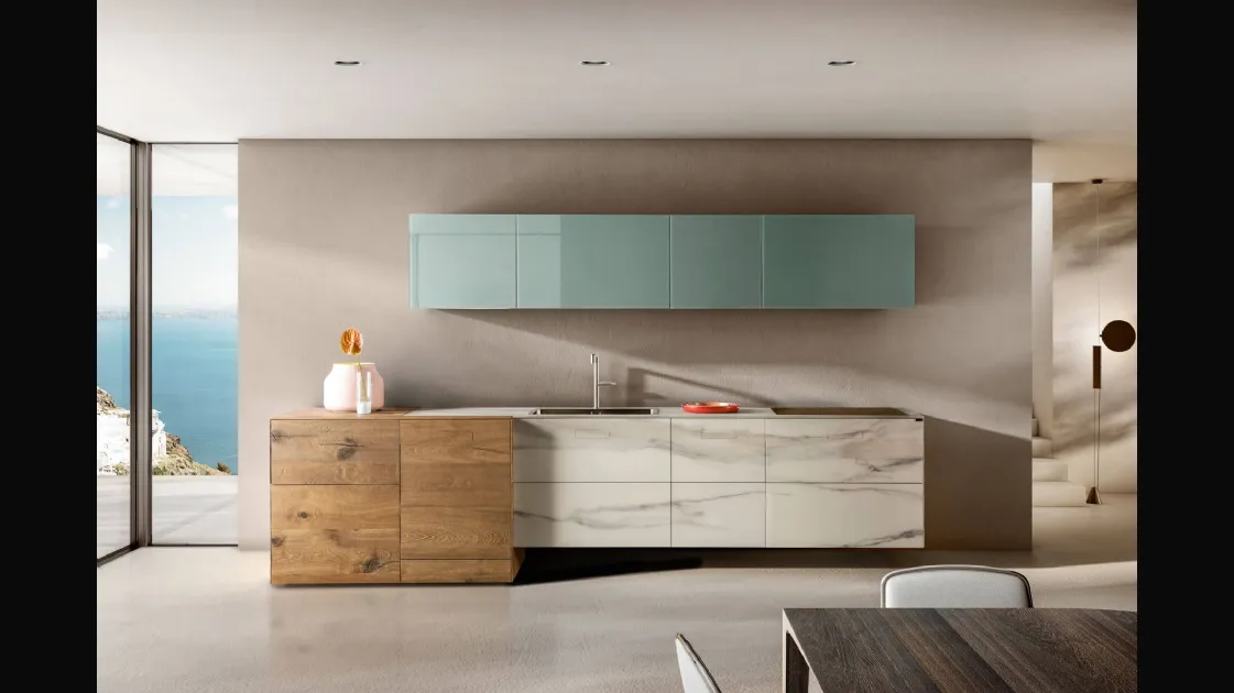 Cucina Design lineare 36e8 Marble XGlass Calacatta Gold e Rovere con pensili in vetro laccato di Lago
