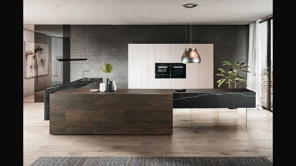 Cucina Design angolare 36e8 Marble XGlass Marquina e Rovere scuro di Lago