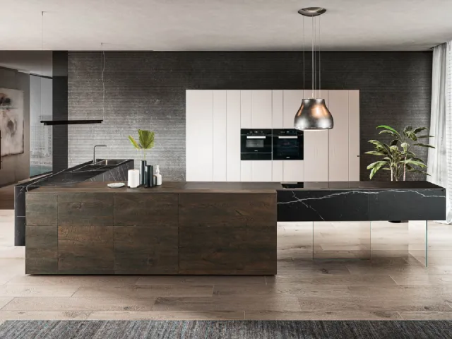 Cucina Design angolare 36e8 Marble XGlass Marquina e Rovere scuro di Lago