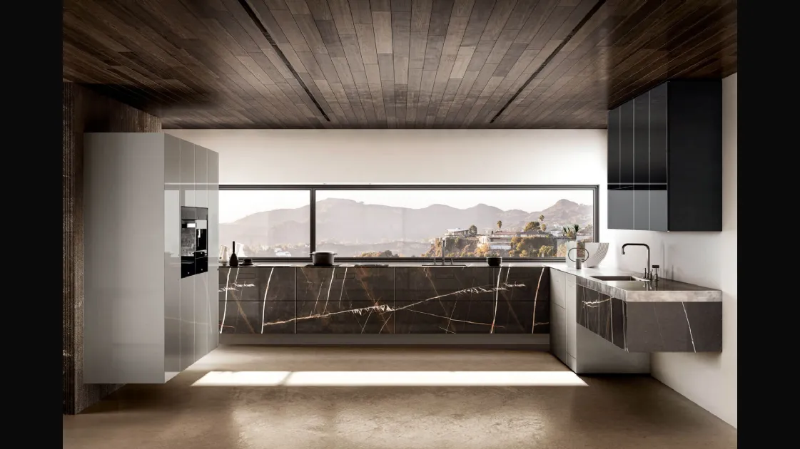 Cucina Design angolare 36e8 Marble XGlass Sahara Noir di Lago