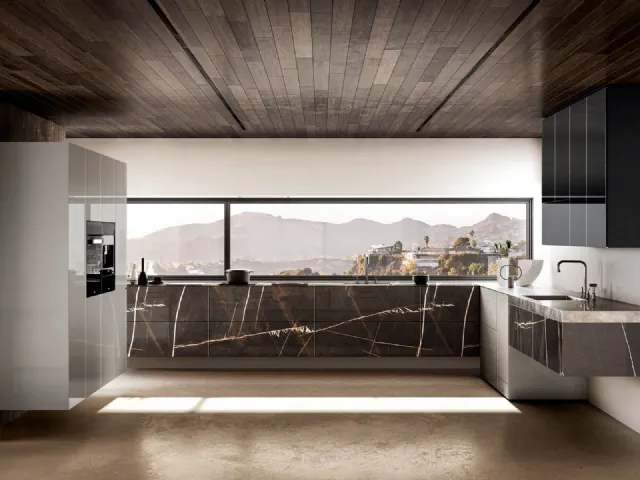 Cucina Design angolare 36e8 Marble XGlass Sahara Noir di Lago