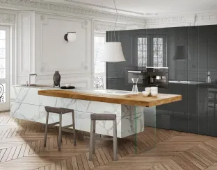 Cucina Design lineare con penisola in legno di Rovere 36e8 Marble XGlass Statuario di Lago
