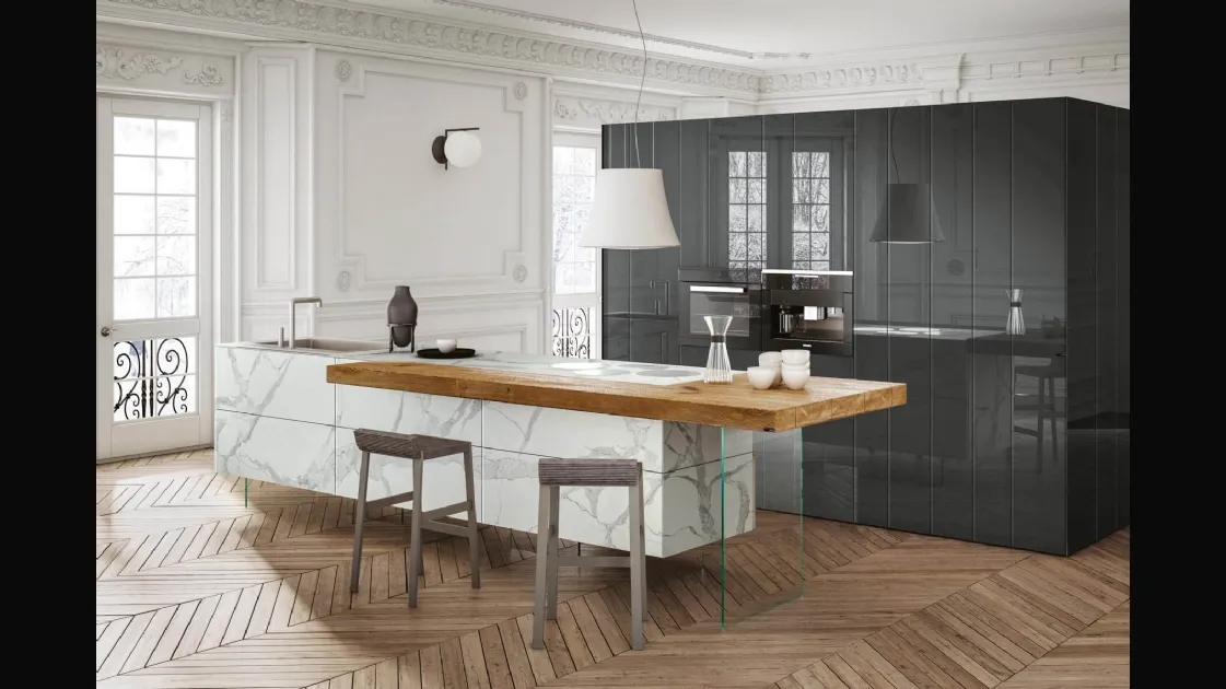 Cucina Design lineare con penisola in legno di Rovere 36e8 Marble XGlass Statuario di Lago
