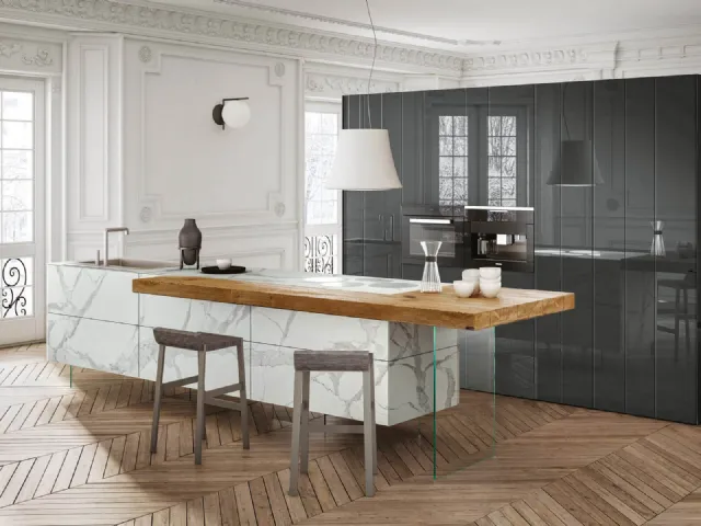 Cucina Design lineare con penisola in legno di Rovere 36e8 Marble XGlass Statuario di Lago