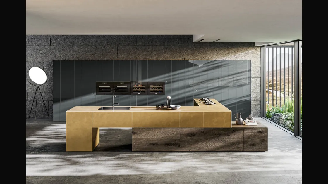 Cucina Design angolare 36e8 Metal XGlass in vetro laccato metallizzato color Oro e legno di Rovere di Lago