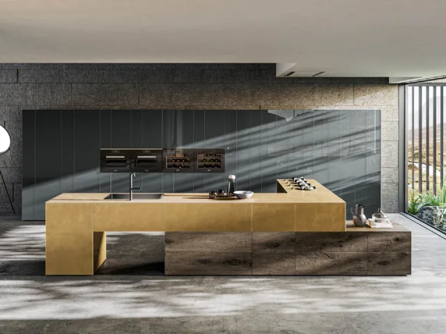 Cucina Design angolare 36e8 Metal XGlass in vetro laccato metallizzato color Oro e legno di Rovere di Lago