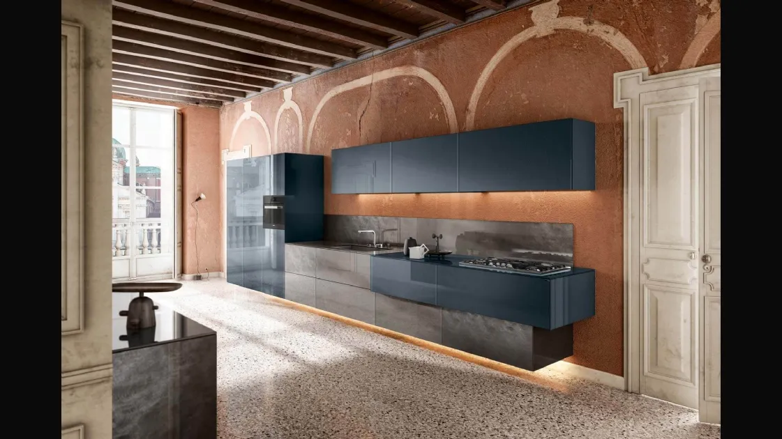 Cucina Design lineare sospesa 36e8 36e8 Metal XGlass 1093 in vetro laccato di Lago