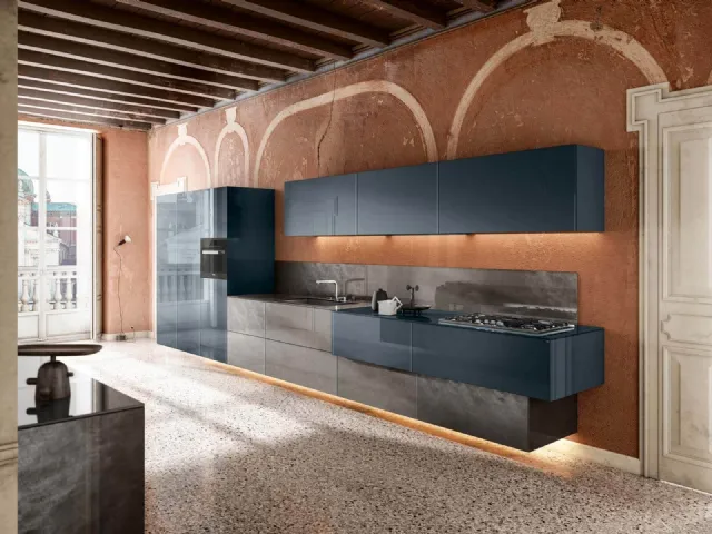 Cucina Design lineare sospesa 36e8 36e8 Metal XGlass Project 1093 in vetro laccato di Lago