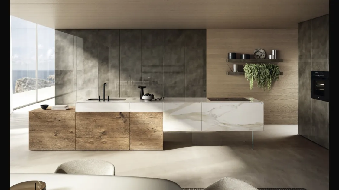 Cucina Design con isola 36e8 Project 2810 in vetro effetto marmo e legno di Lago