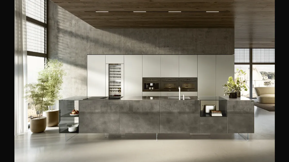Cucina Design con isola 36e8 Project 2812 in vetro di Lago