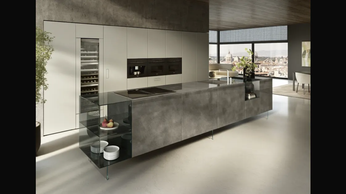 Cucina Design con isola 36e8 Project 2812 in vetro di Lago