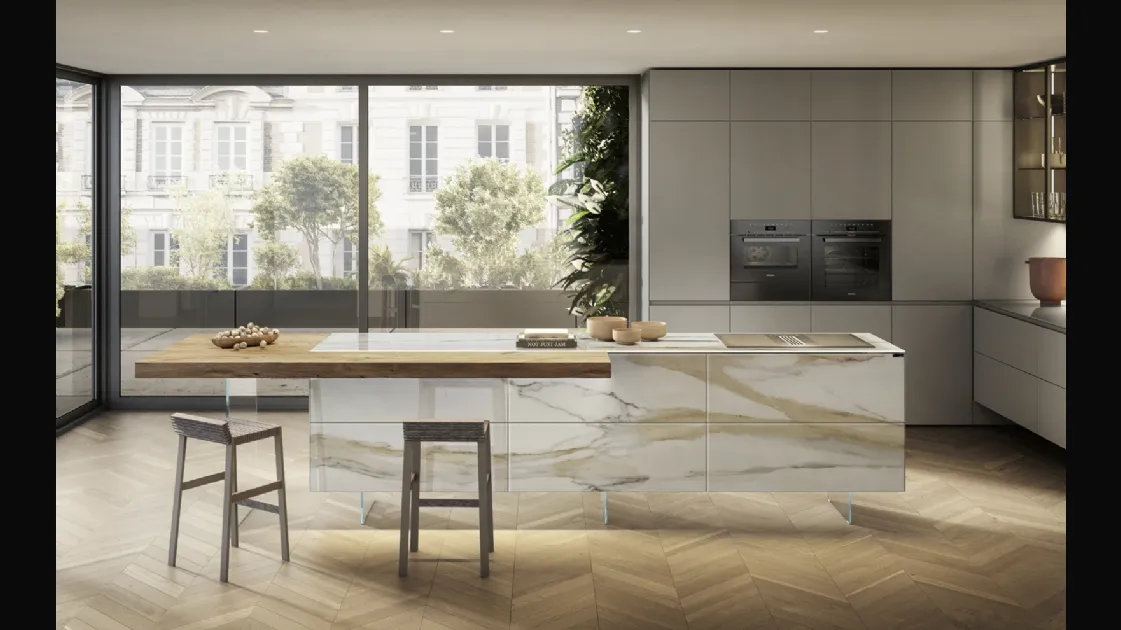 Cucina Design con isola 36e8 Project 2813 in vetro effetto marmo di Lago