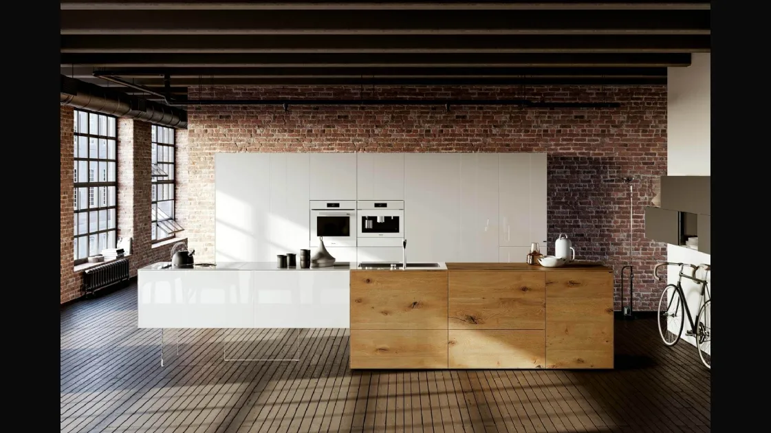 Cucina Design lineare 36e8 Wildwood 03 in legno di Rovere centenario e vetro laccato Bianco di Lago