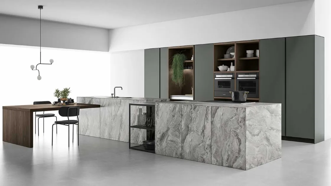 Cucina Design con doppia isola in HPL Pietra Aspen 003 di Doimo Cucine