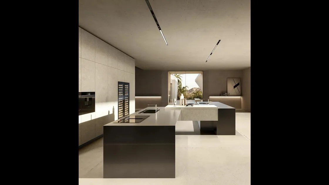Cucina Design in fibra di carbonio e vetro acidato laccato con isola C4K di Doimo Cucine