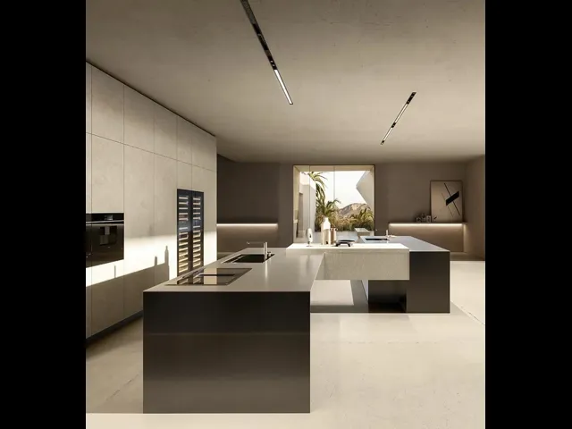 Cucina Design in fibra di carbonio e vetro acidato laccato con isola C4K di Doimo Cucine