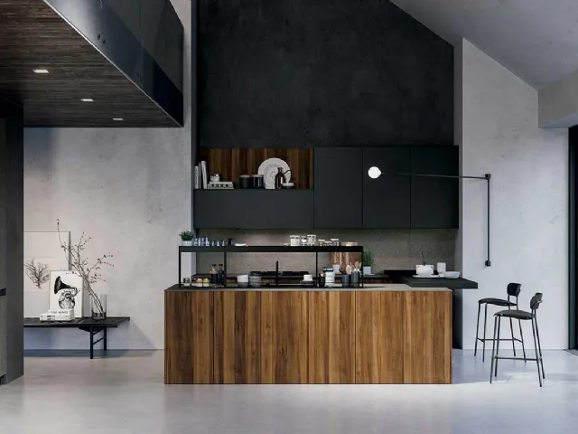 Cucina Design a isola in essenza di Noce Scalfito con top in HPL graniglia Basalto D23 006 di Doimo Cucine