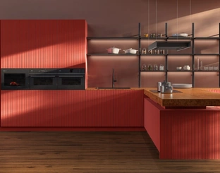 Cucina Design con penisola Impronta 06 Incontro in laccato e marmo di Doimo Cucine