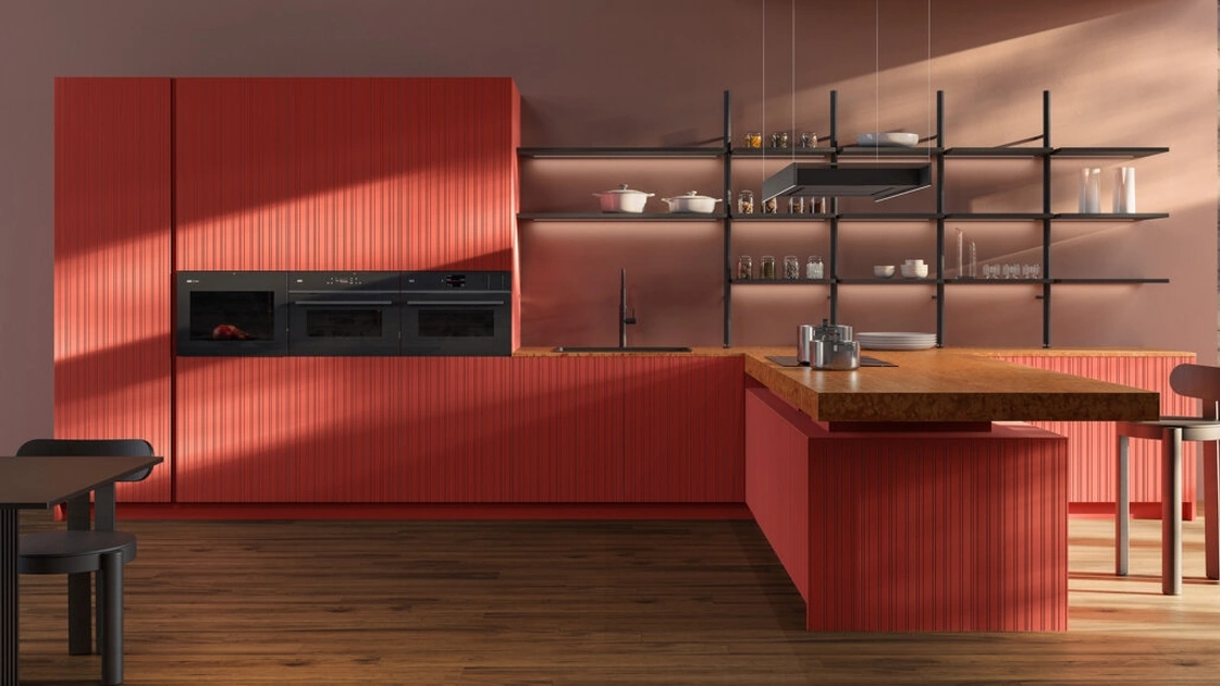 Cucina Design con penisola Impronta 06 Incontro in laccato e marmo di Doimo Cucine