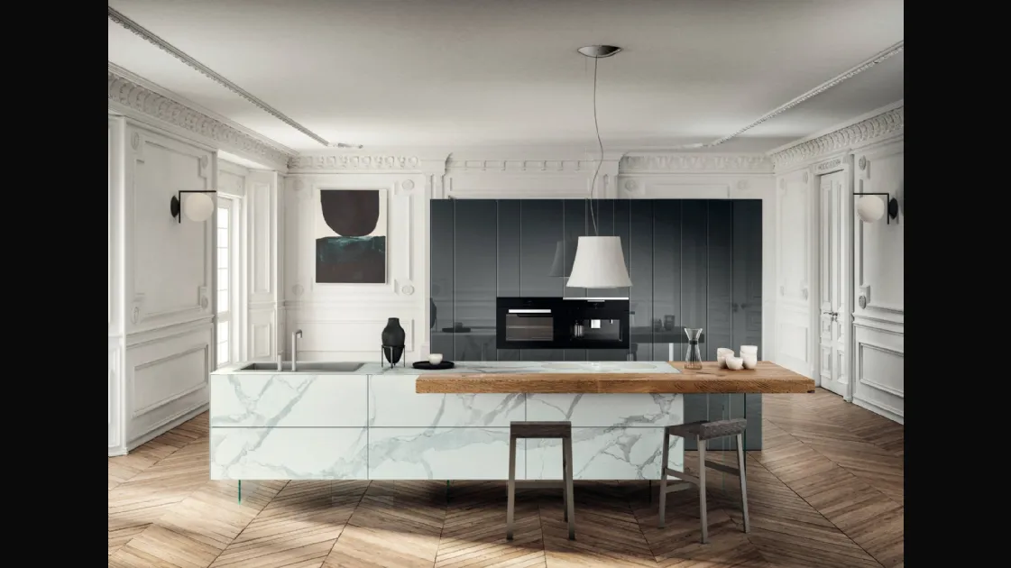 Cucina Design con isola 36e8 Marble XGlass 1087 in vetro effetto marmo e legno di Lago