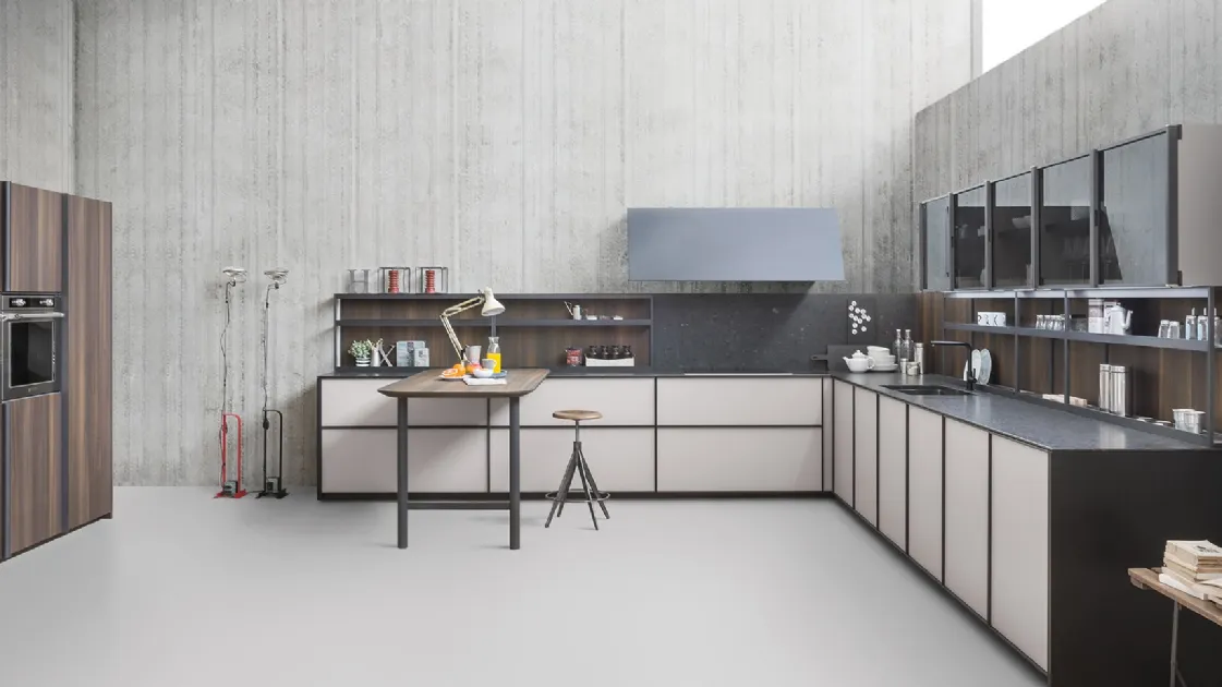 Cucina Design angolare in vetro acidato canapa e top in granito XP 04 di Zampieri Cucine