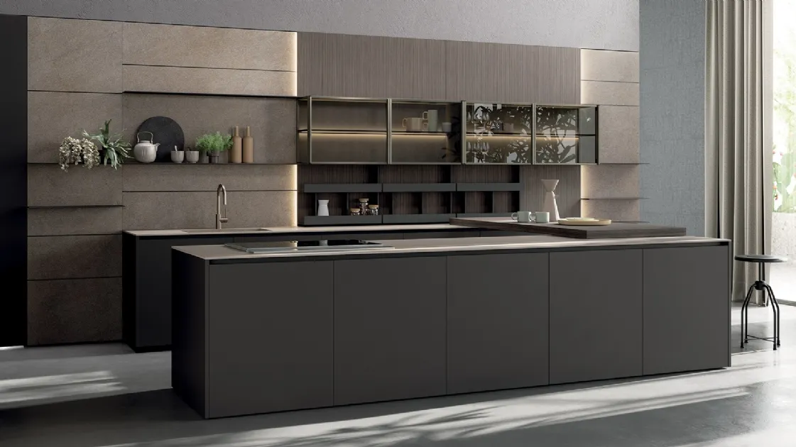 Cucina Design con penisola in laccato opaco e vetro fumé Axis 02 di Zampieri Cucine