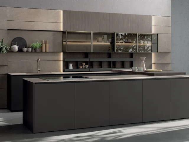 Cucina Design con penisola in laccato opaco e vetro fumé Axis 02 di Zampieri Cucine