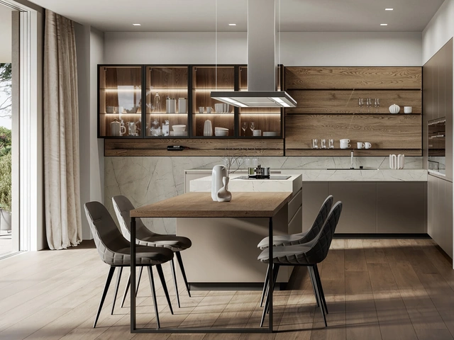 Cucina Moderna con isola Wega 02 in laccato metallizzato e rovere di Arredo3