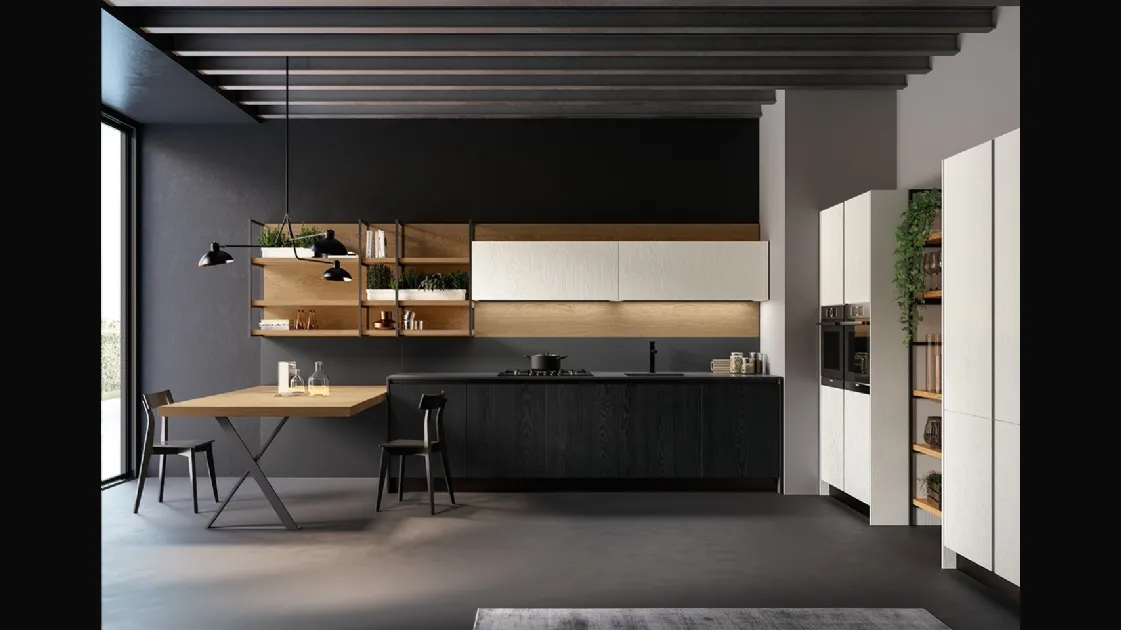 Cucina Moderna lineare Asia in laccato poro aperto Bianco e Nero opaco con top HPL Fenix Nero di Arredo3