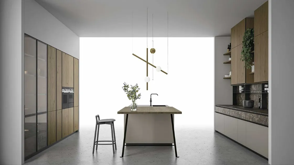 Cucina Moderna a isola in rovere e vetro laccato con top in HPL Pietra Emperador Aspen 004 di Doimo Cucine