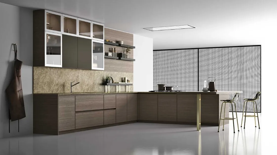 Cucina Moderna angolare in rovere con penisola con particolari in ottone D23 001 di Doimo Cucine