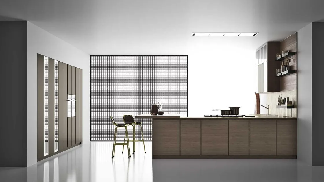 Cucina Moderna angolare con top in marmo e basi e penisola in rovere D23 001 di Doimo Cucine