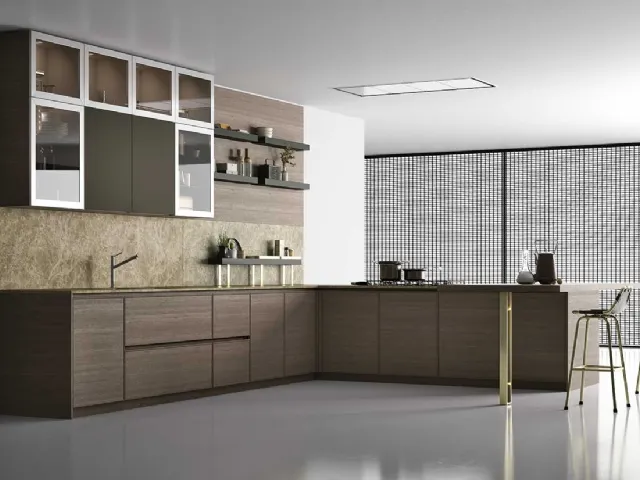 Cucina Moderna angolare in rovere con penisola con particolari in ottone D23 001 di Doimo Cucine