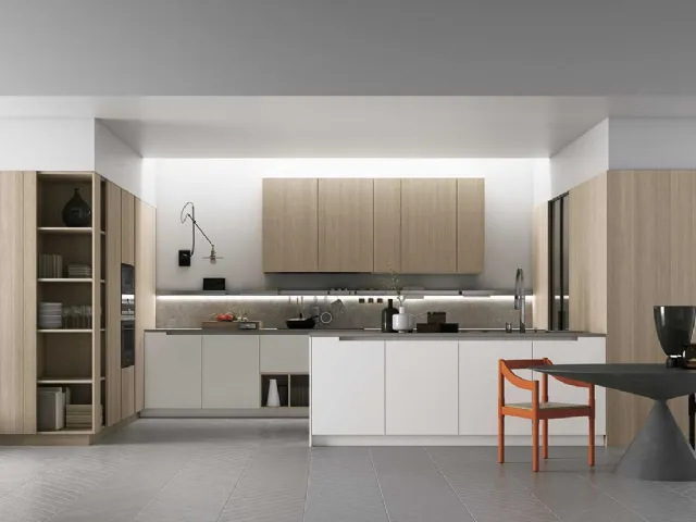 Cucina Moderna con isola a muro in laccato bianco opaco e rovere con top in Pietra Piasentina D23 004 di Doimo Cucine