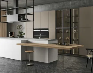 Cucina Moderna lineare in melaminico Bianco Artico e laccato opaco Camoscio con top in laminato Cemento Polvere D23 005 di Doimo Cucine